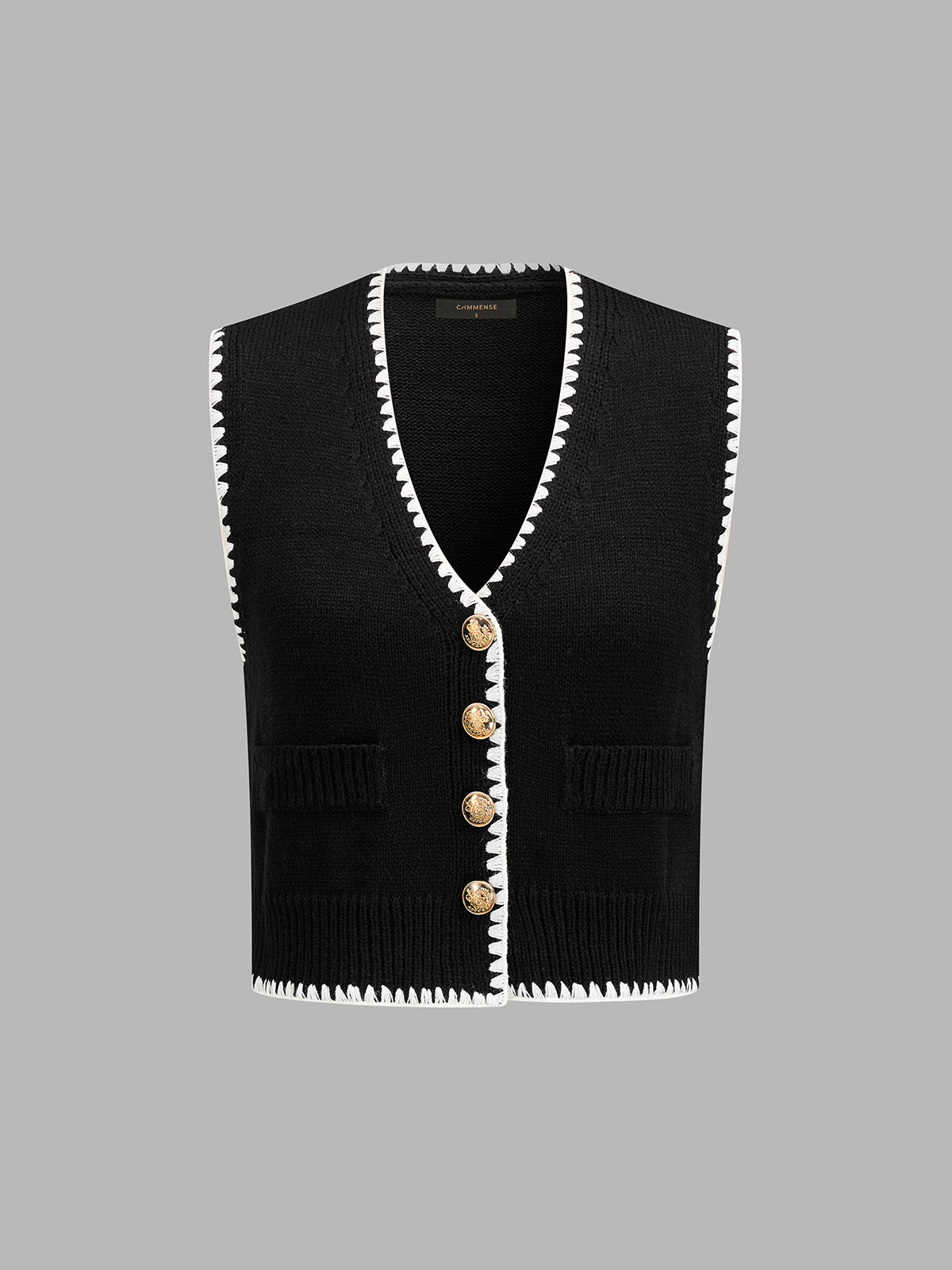 Contrast Trim Buttoned V-Neck Knit Vest