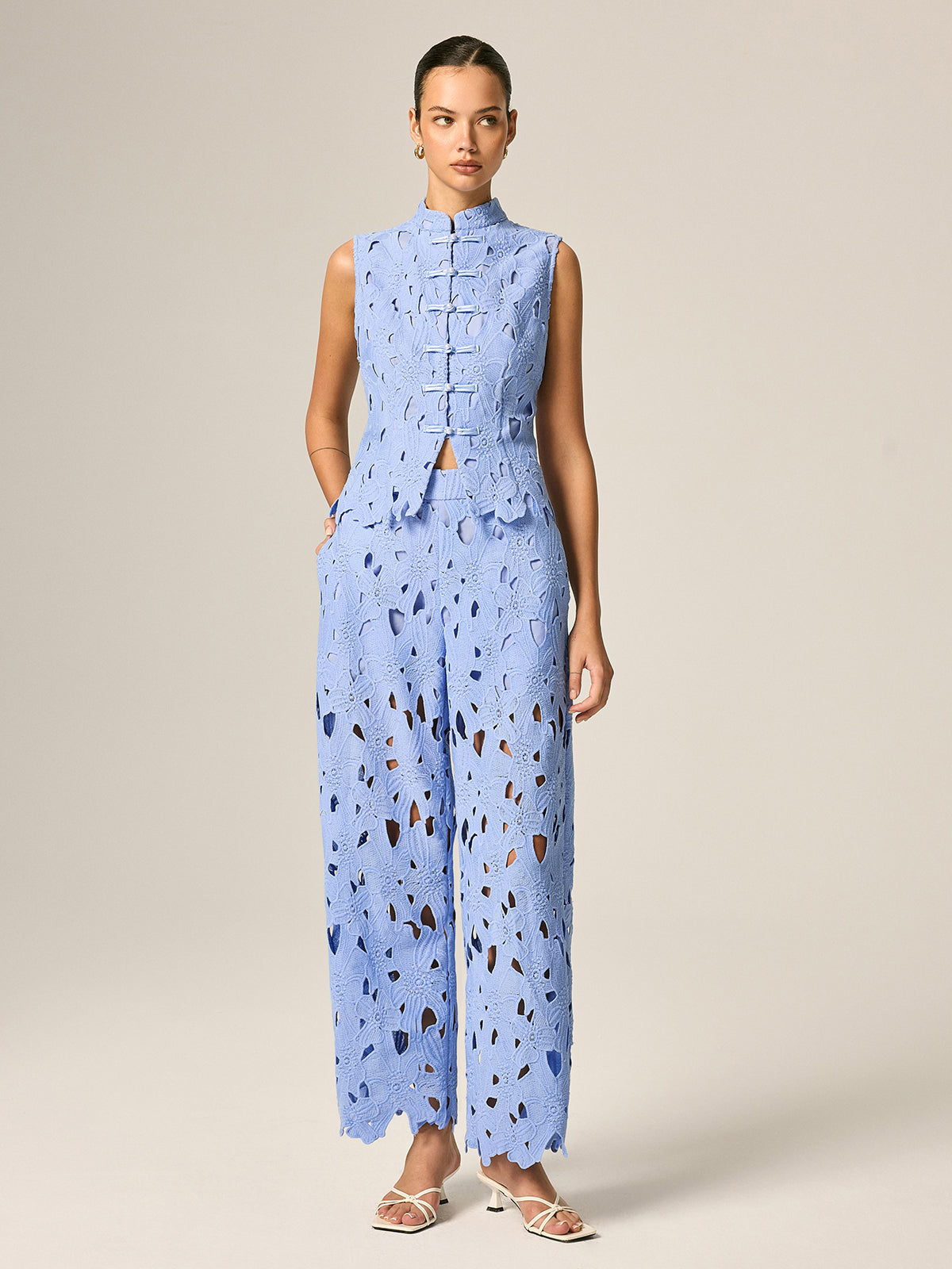 Frog Button Guipure Lace Vest & Pants Set