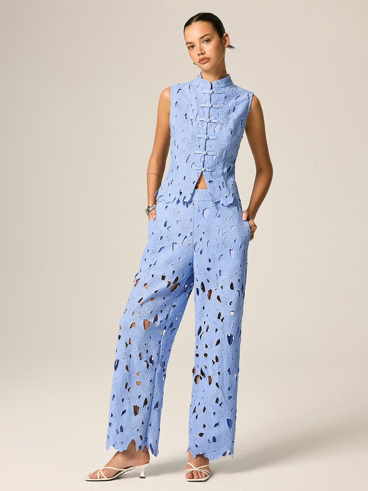 Frog Button Guipure Lace Vest & Pants Set