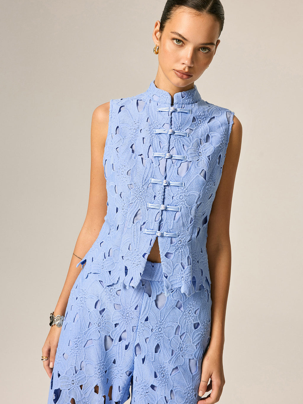 Frog Button Guipure Lace Vest & Pants Set