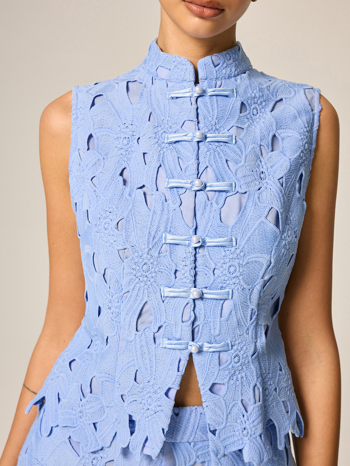 Frog Button Guipure Lace Vest & Pants Set