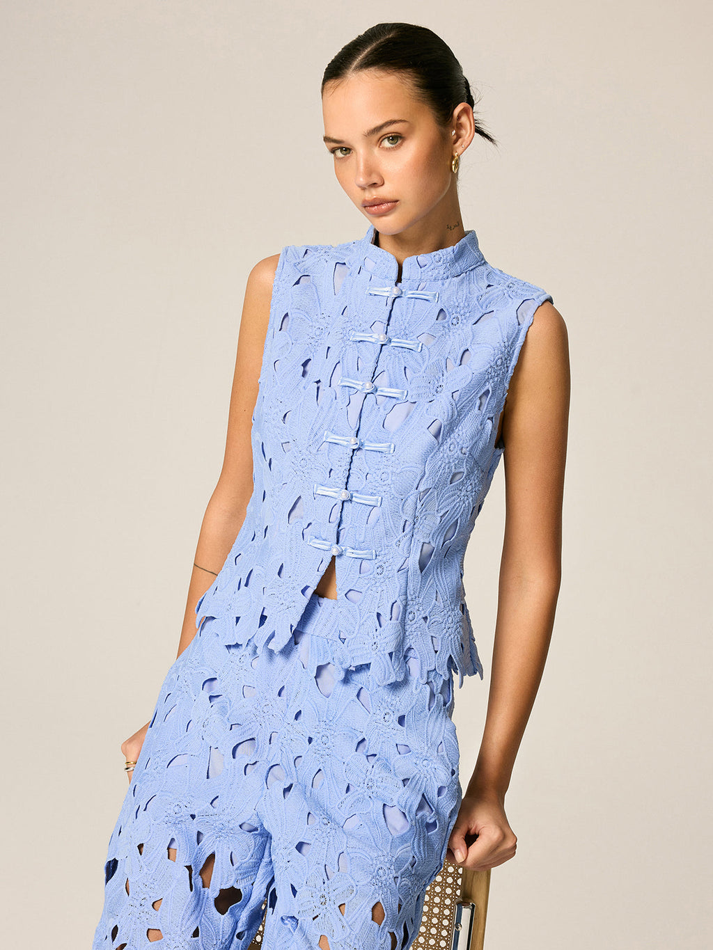Frog Button Guipure Lace Vest & Pants Set