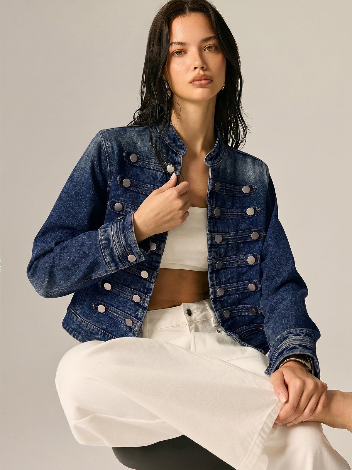 Napoleon Style Stand Collar Denim Jacket
