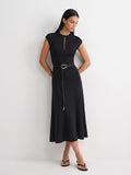 Wool Blend Metal Detail Belted Knit Dress