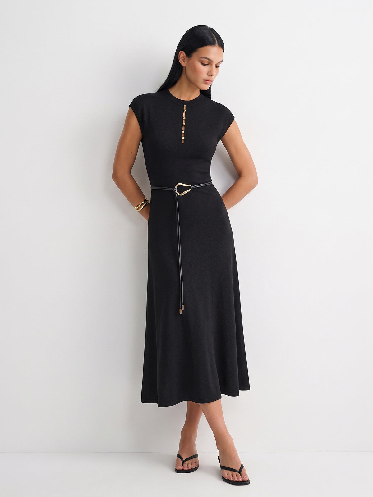 Wool Blend Metal Detail Belted Knit Dress