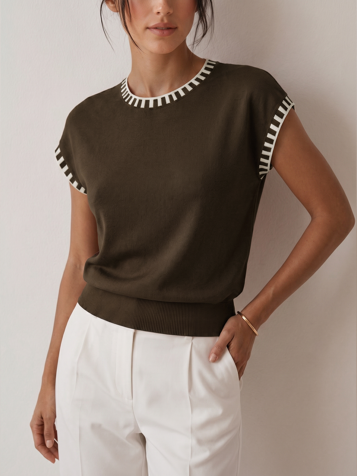 Contrast Trim Cap Sleeve Knit Top