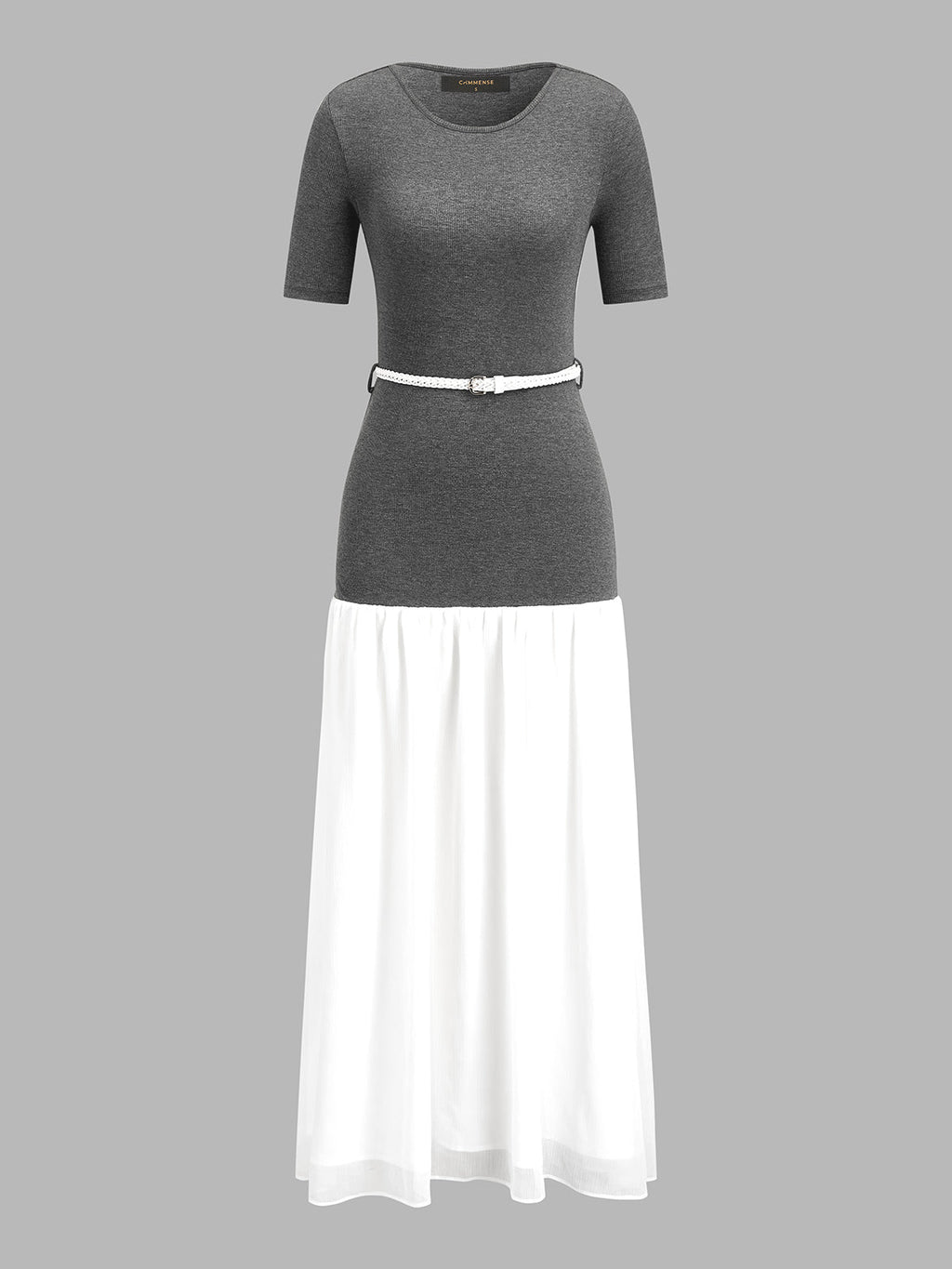 Knit Bodice Belted Chiffon Flowy Maxi Dress