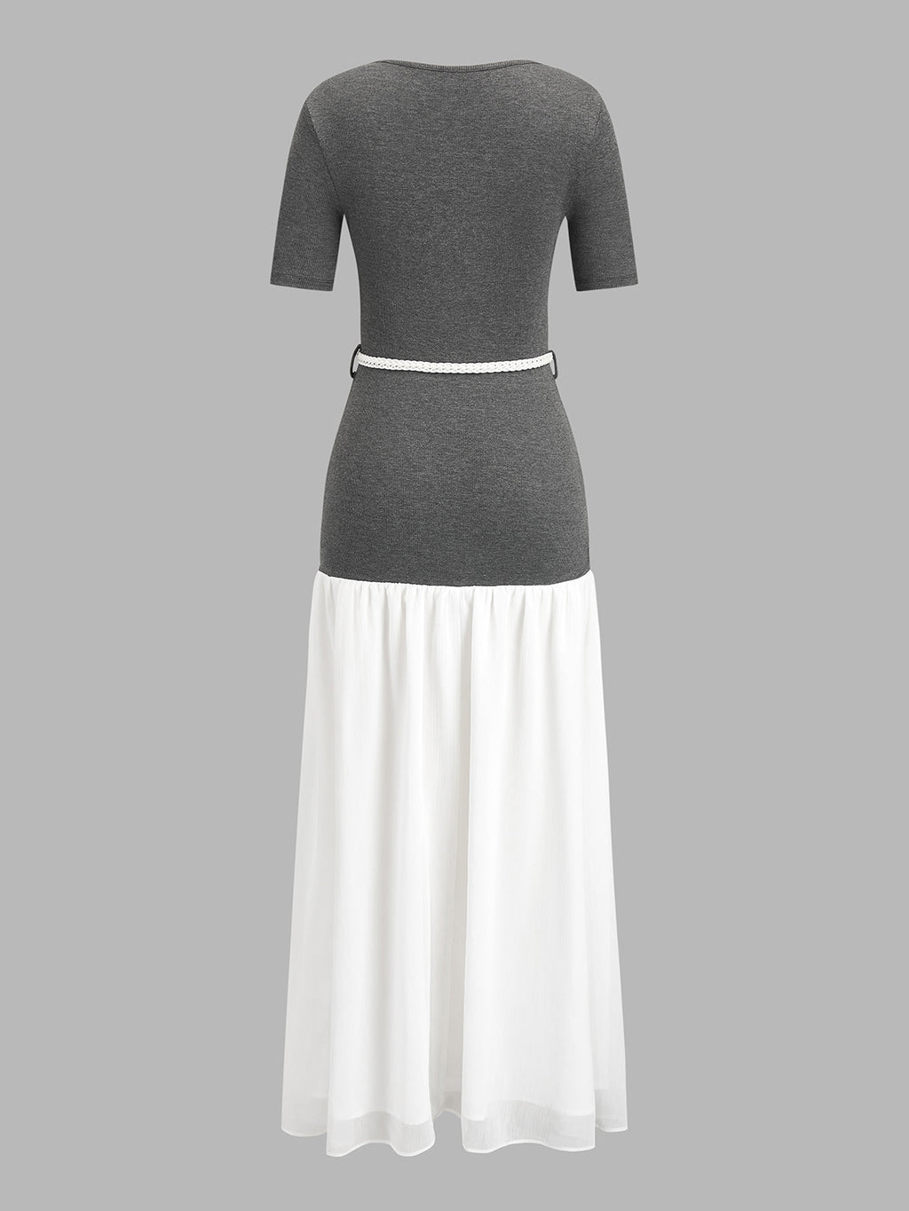 Knit Bodice Belted Chiffon Flowy Maxi Dress