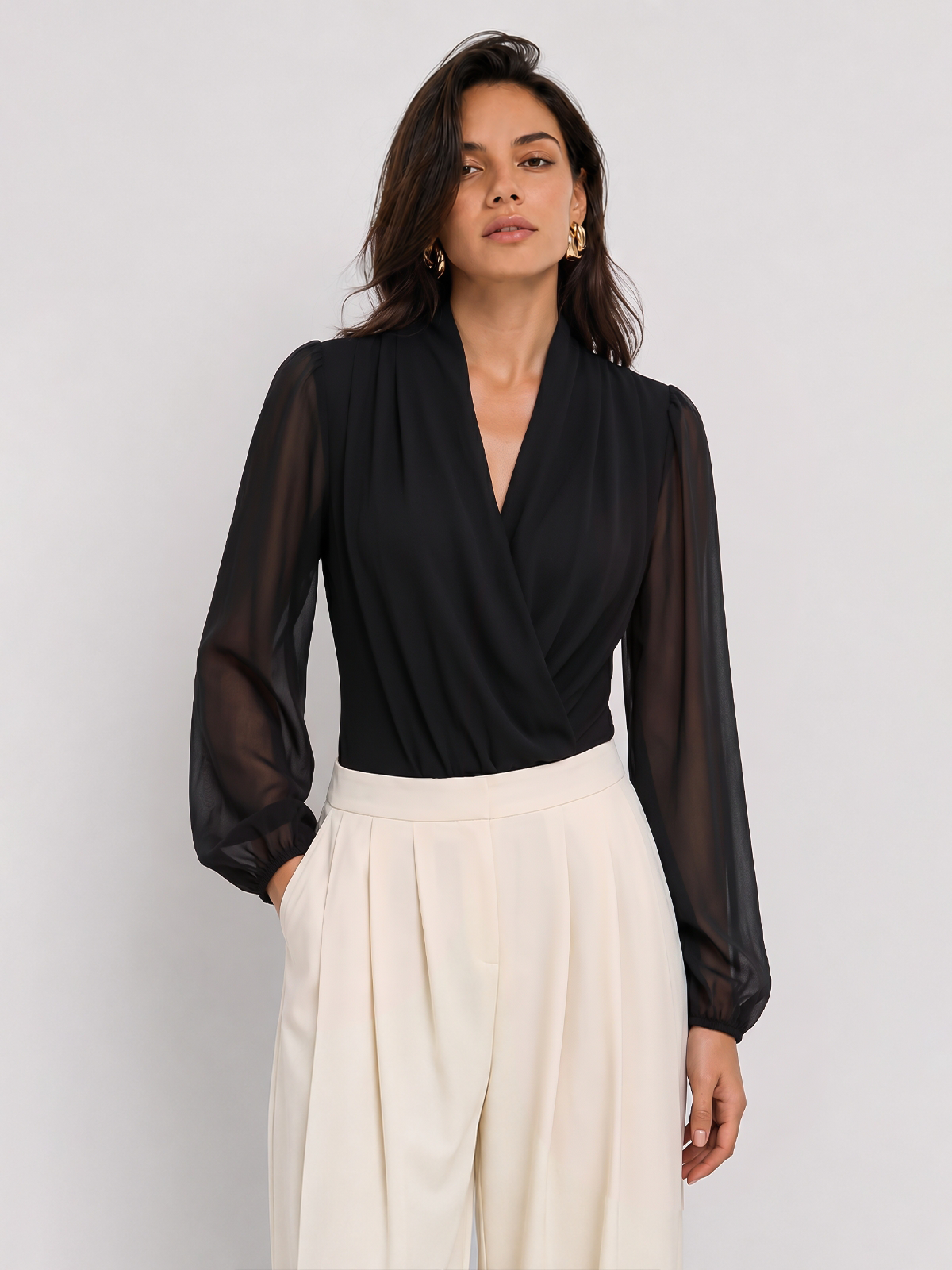 Wrap V‑Neck Sheer Sleeve Bodysuit