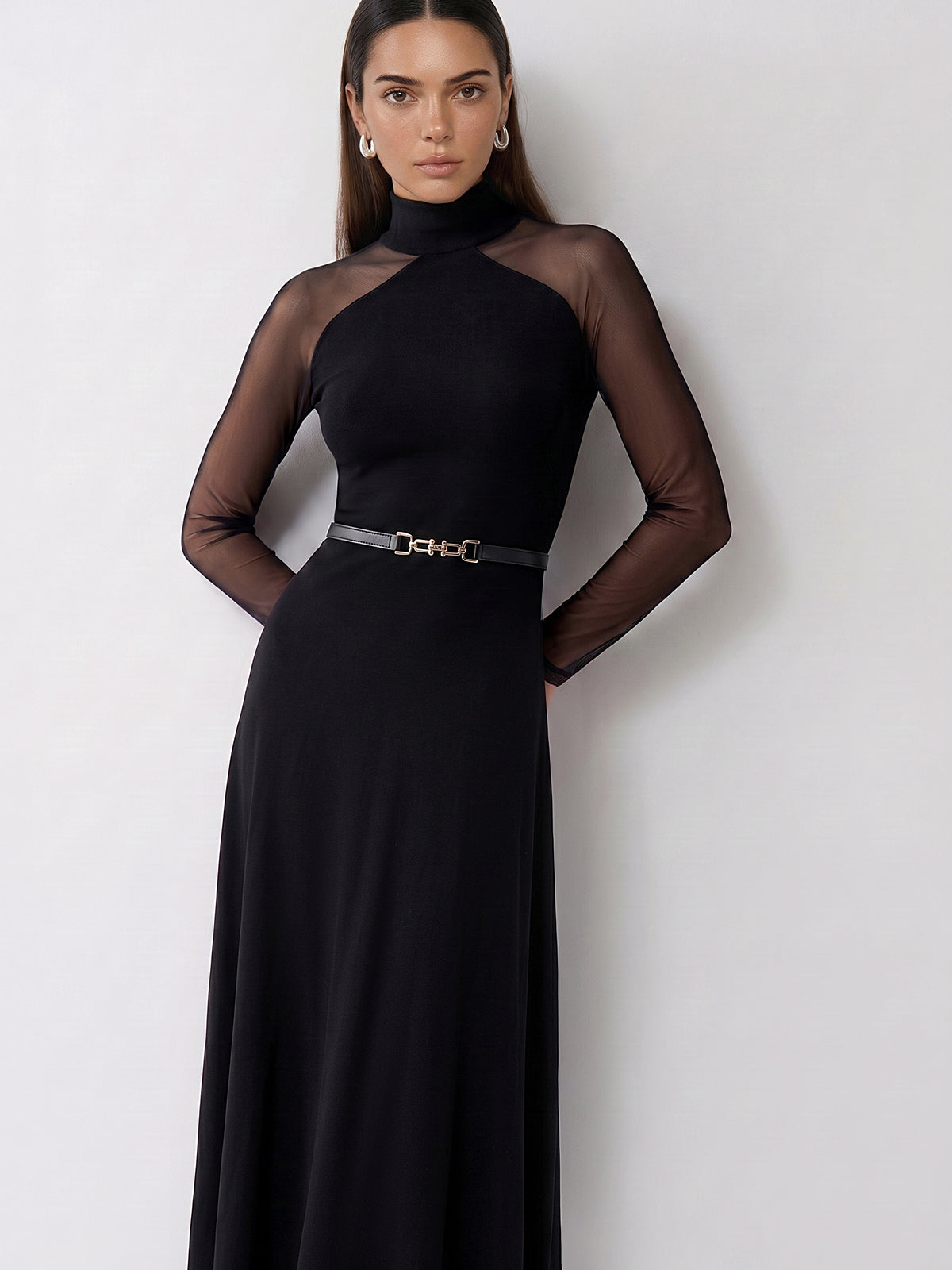 Mesh Sleeve High Neck Belted Maxi Dress