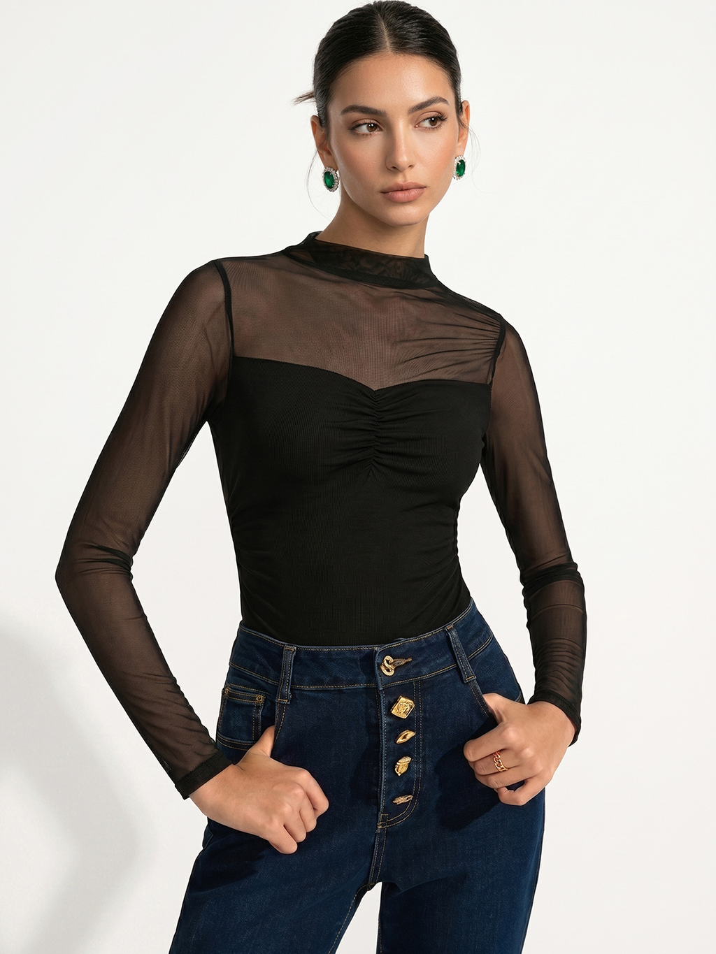Sheer Mesh Panel Ruched Bodysuit