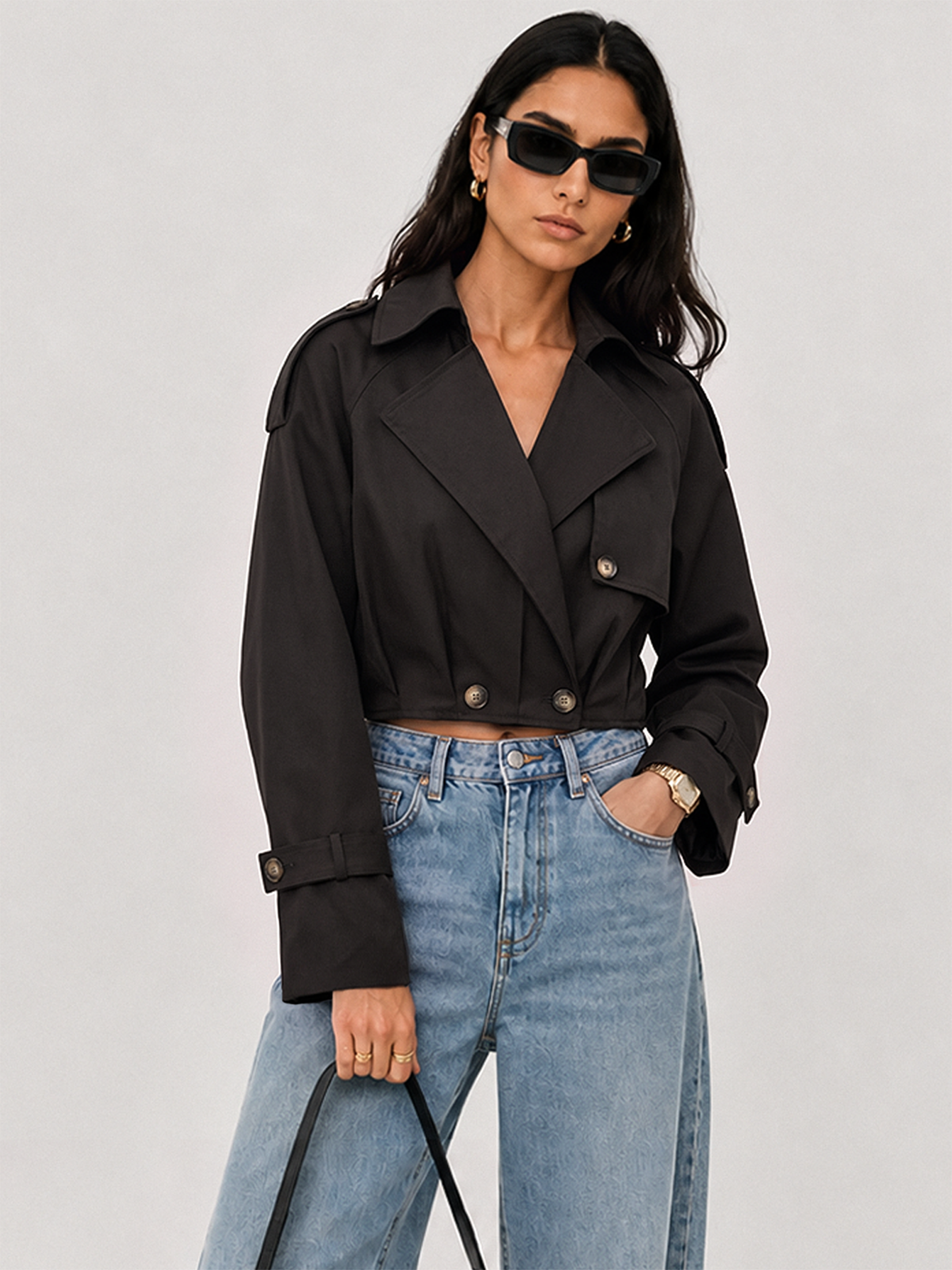 Lapel Double‑Breasted Cropped Trench Coat