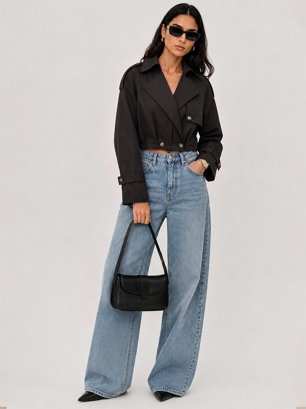 Lapel Double‑Breasted Cropped Trench Coat