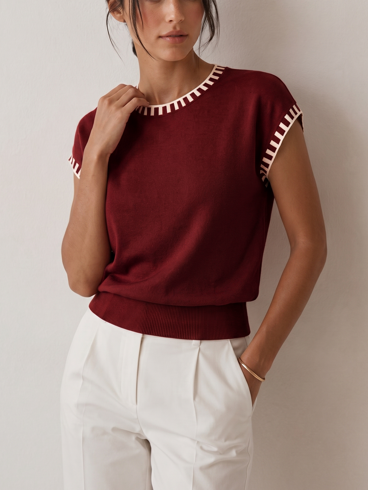 Contrast Trim Cap Sleeve Knit Top