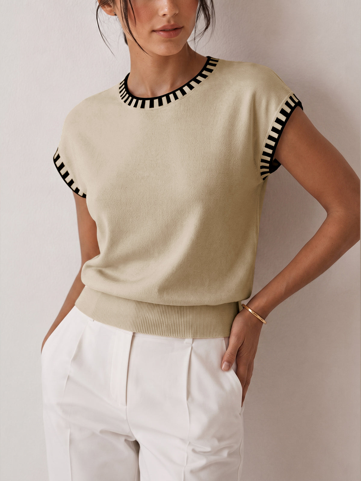 Contrast Trim Cap Sleeve Knit Top