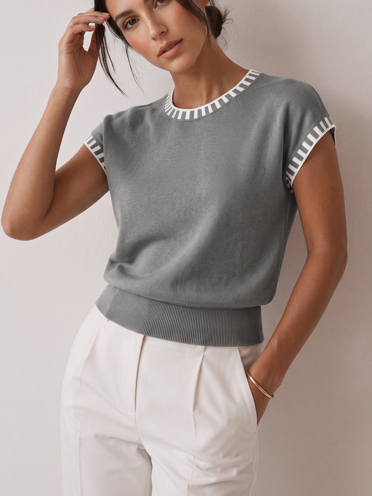 Contrast Trim Cap Sleeve Knit Top