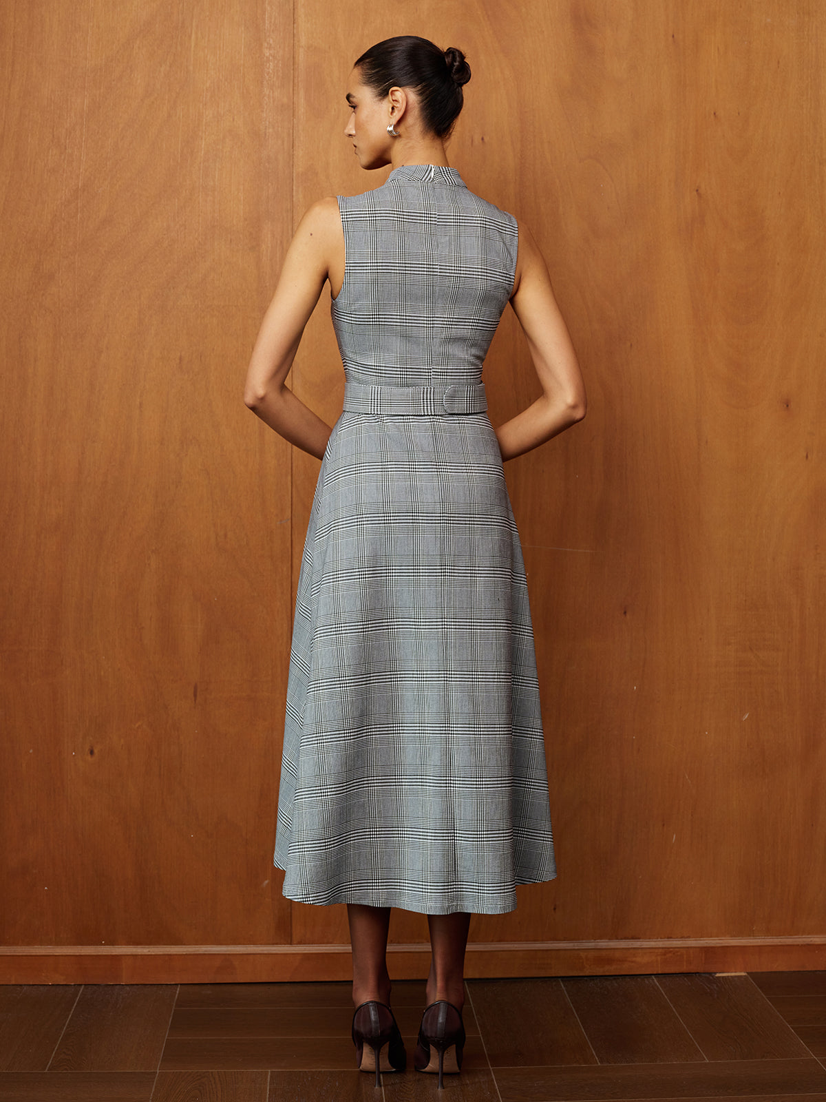 Plaid Stand Collar Belted Maxi Dress