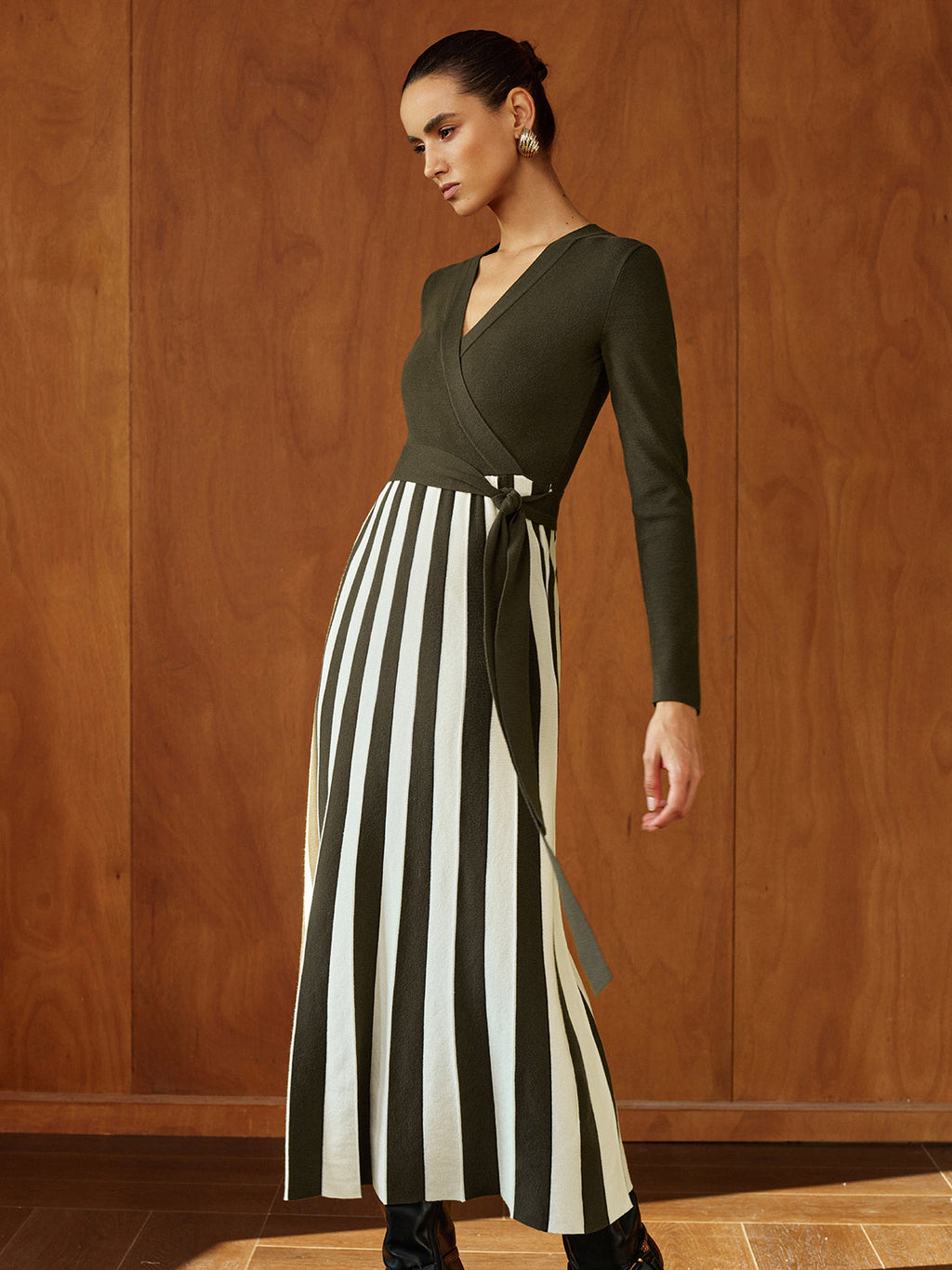 Color‑Block Stripe Wrap Knit Maxi Dress