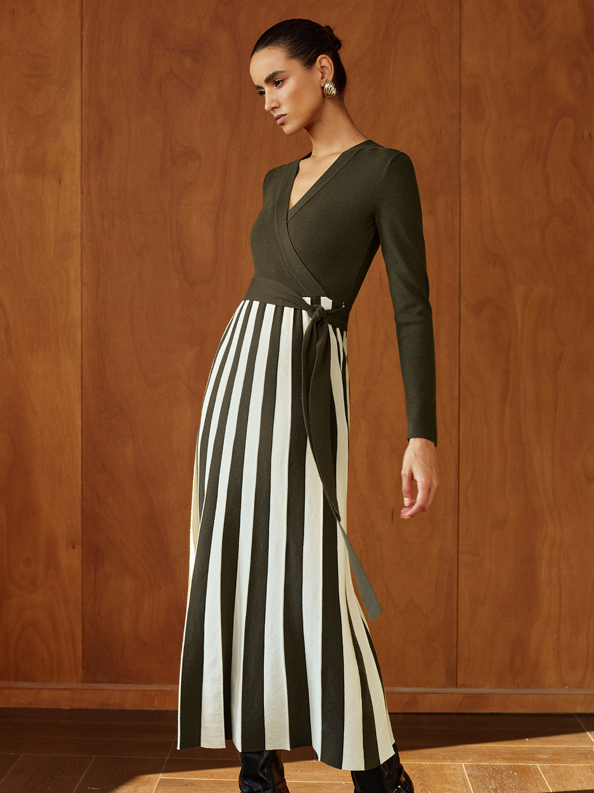 Color‑Block Stripe Wrap Knit Maxi Dress