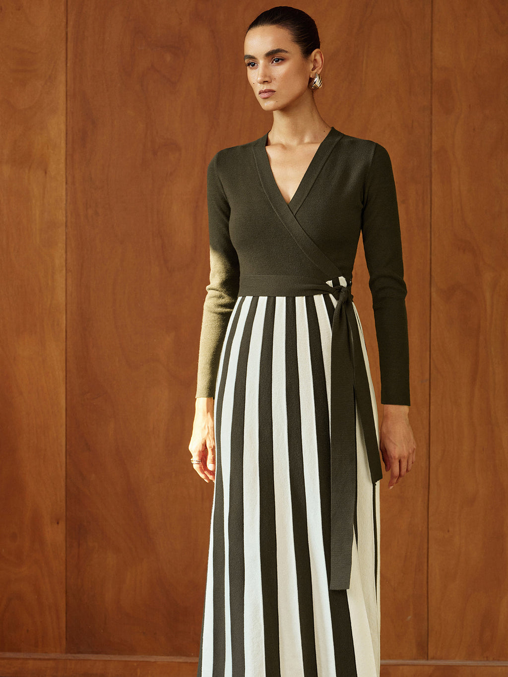 Color‑Block Stripe Wrap Knit Maxi Dress
