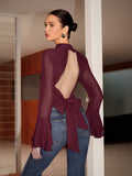 Stand Collar Backless Chiffon Bow Shirt