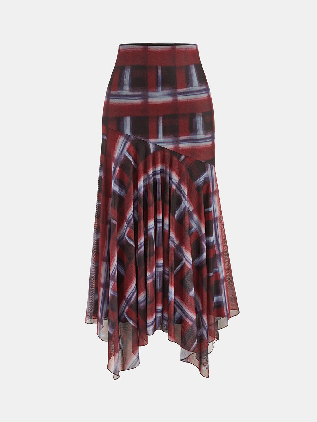 Plaid Mesh Asymmetrical Midi Skirt