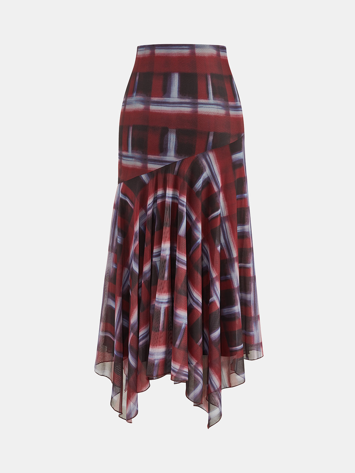 Plaid Mesh Asymmetrical Midi Skirt