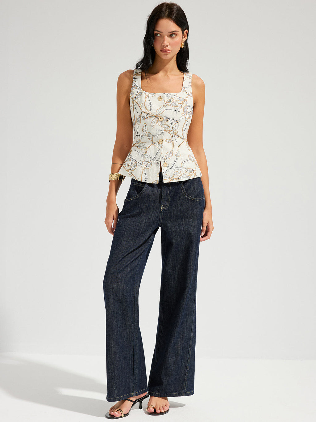 Embroidered Floral Square Neck Tank Top