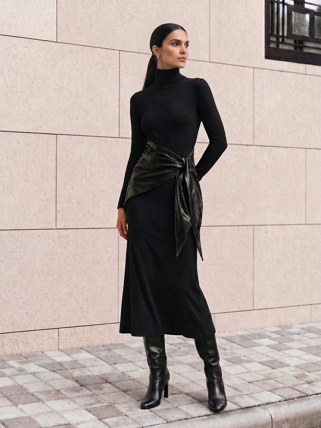 Faux Leather Sash Turtleneck Maxi Dress