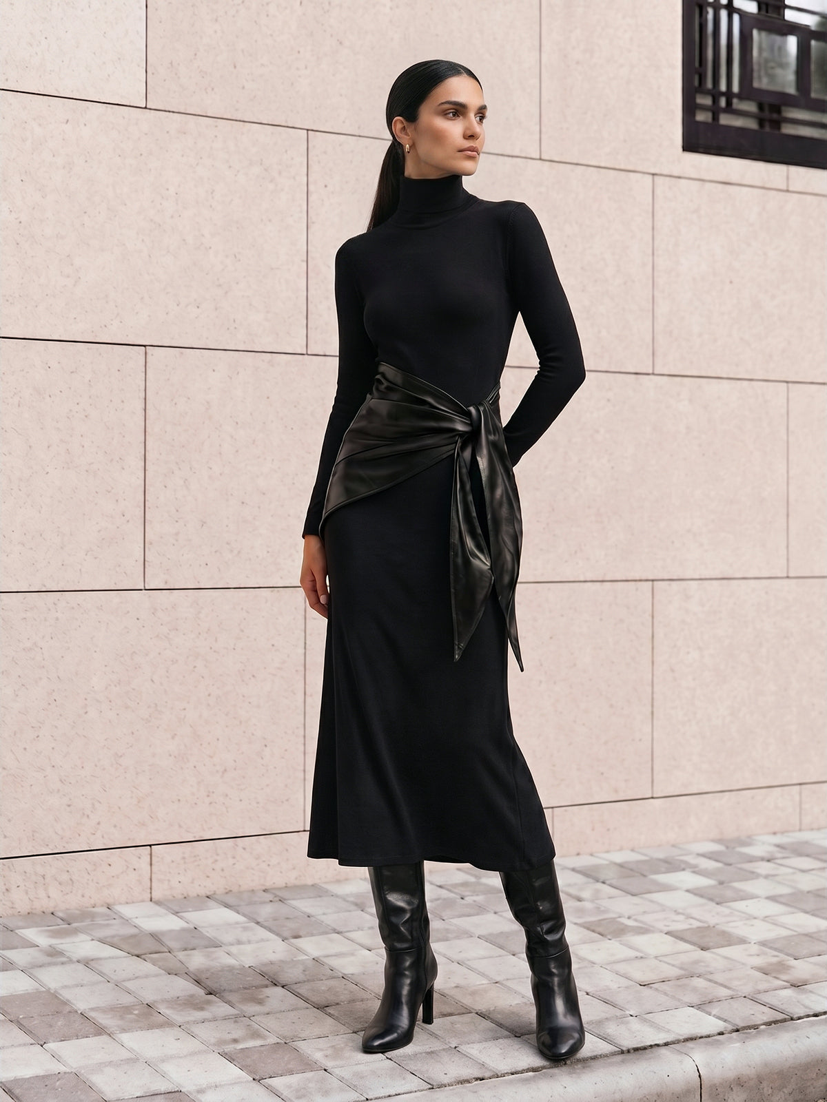 Faux Leather Sash Turtleneck Maxi Dress