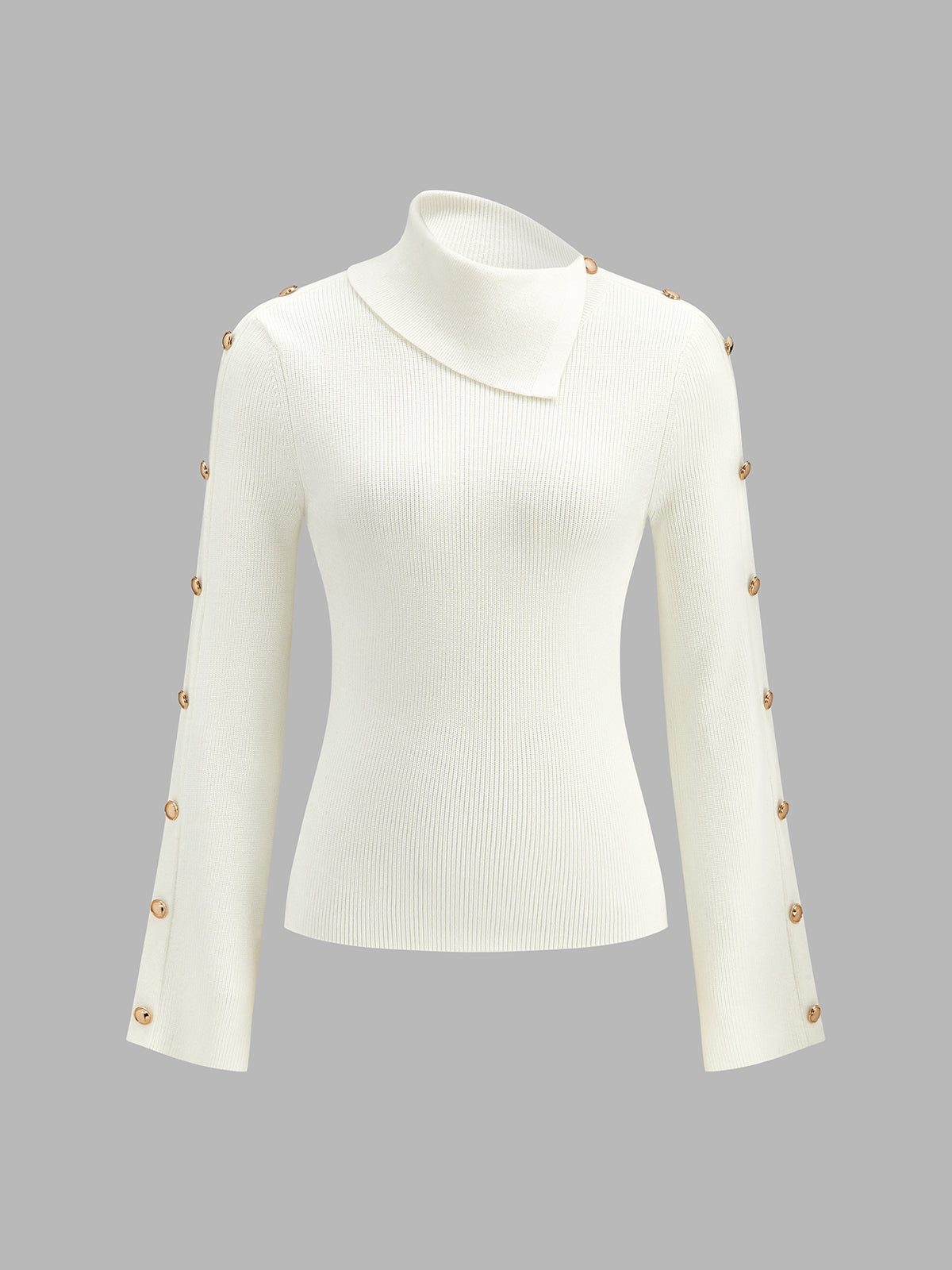Asymmetrical Collar Button Sleeve Ribbed Knit Top