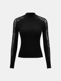 Lace Raglan Sleeve Mock‑Neck Ribbed Top