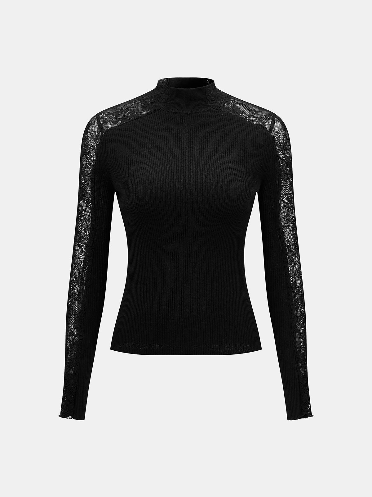 Lace Raglan Sleeve Mock‑Neck Ribbed Top