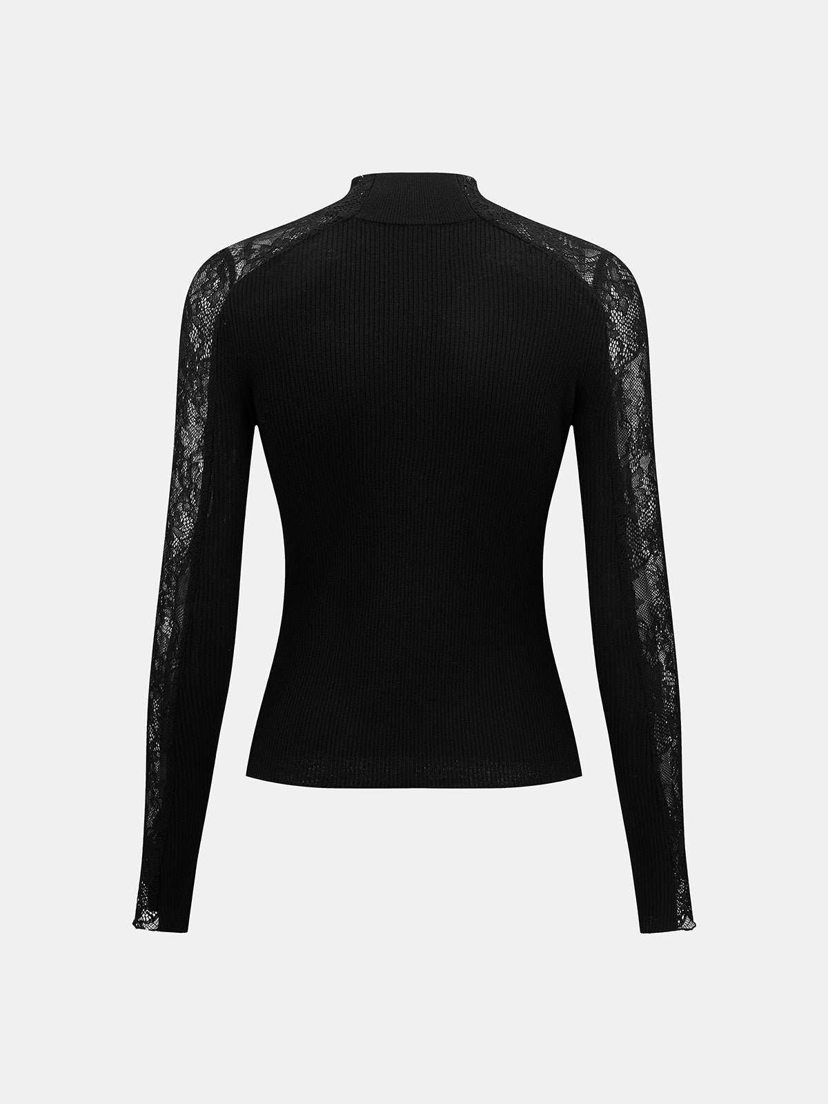 Lace Raglan Sleeve Mock‑Neck Ribbed Top