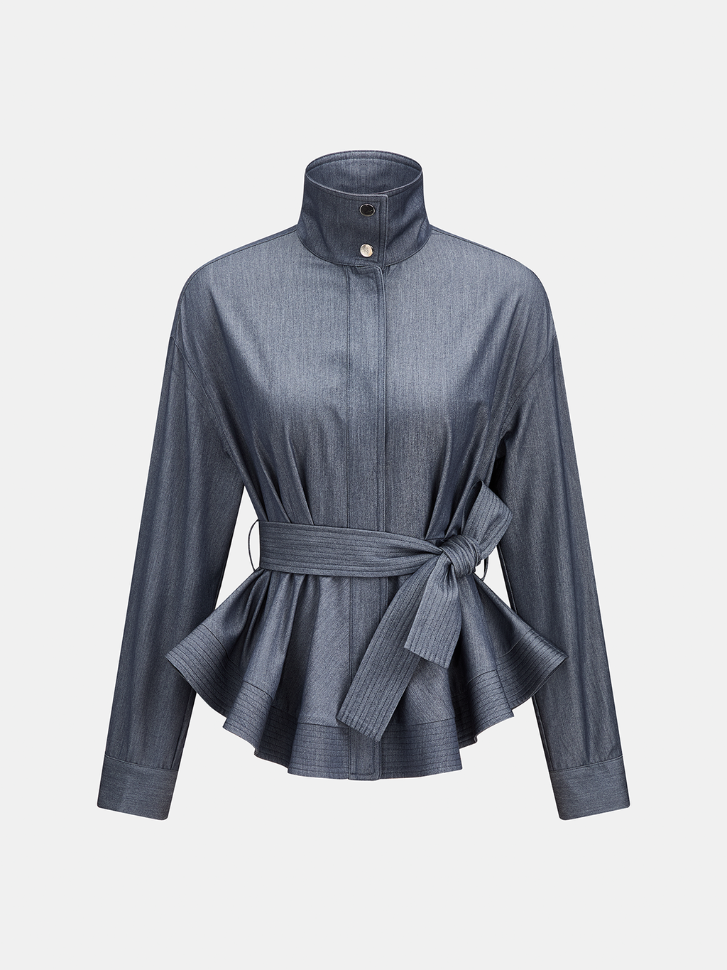 Stand Collar Belted Peplum Denim-Look Shirt