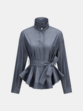 Stand Collar Belted Peplum Denim-Look Shirt