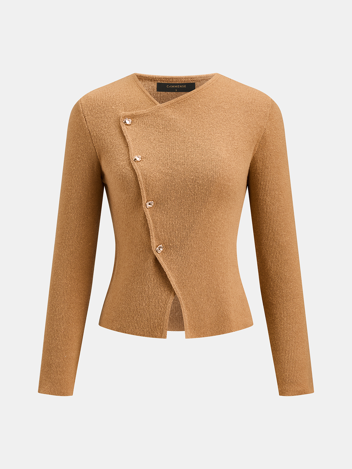 Diagonal Metal Button Slim‑Fit Knit Cardigan