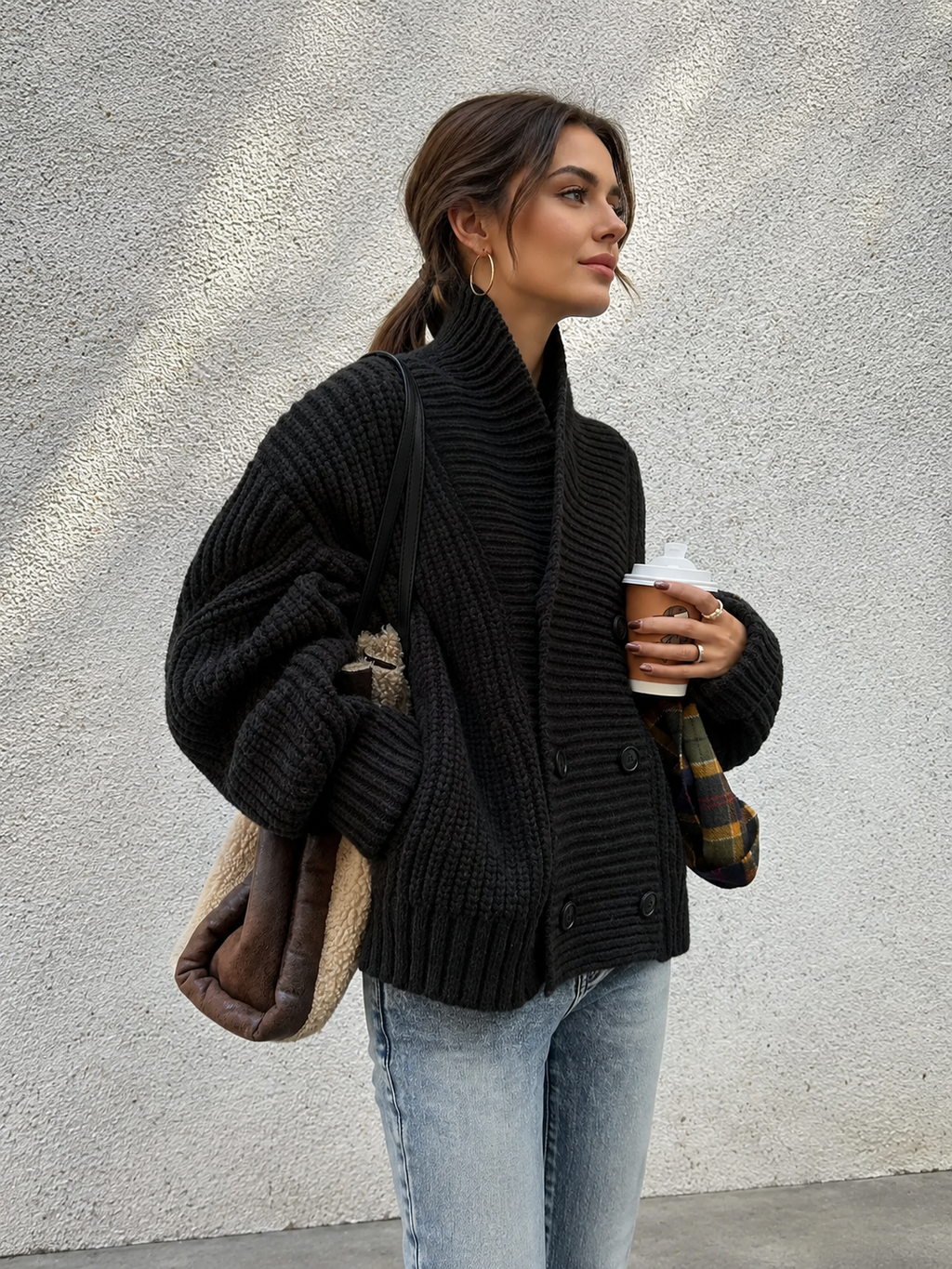 Ribbed Lapel Button Knit Outerwear