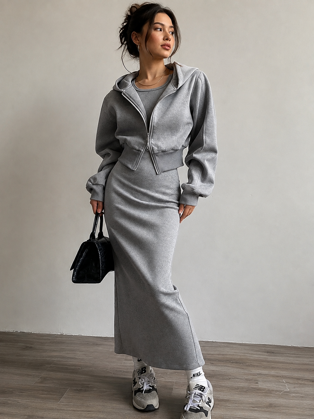 Solid Long Sleeve Zip Crop Hoodie