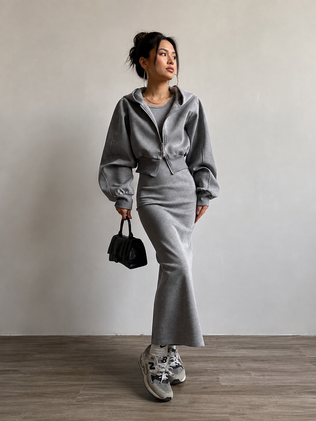 Solid Long Sleeve Zip Crop Hoodie