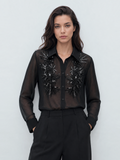 Sheer Beaded Embroidered Long Sleeve Shirt