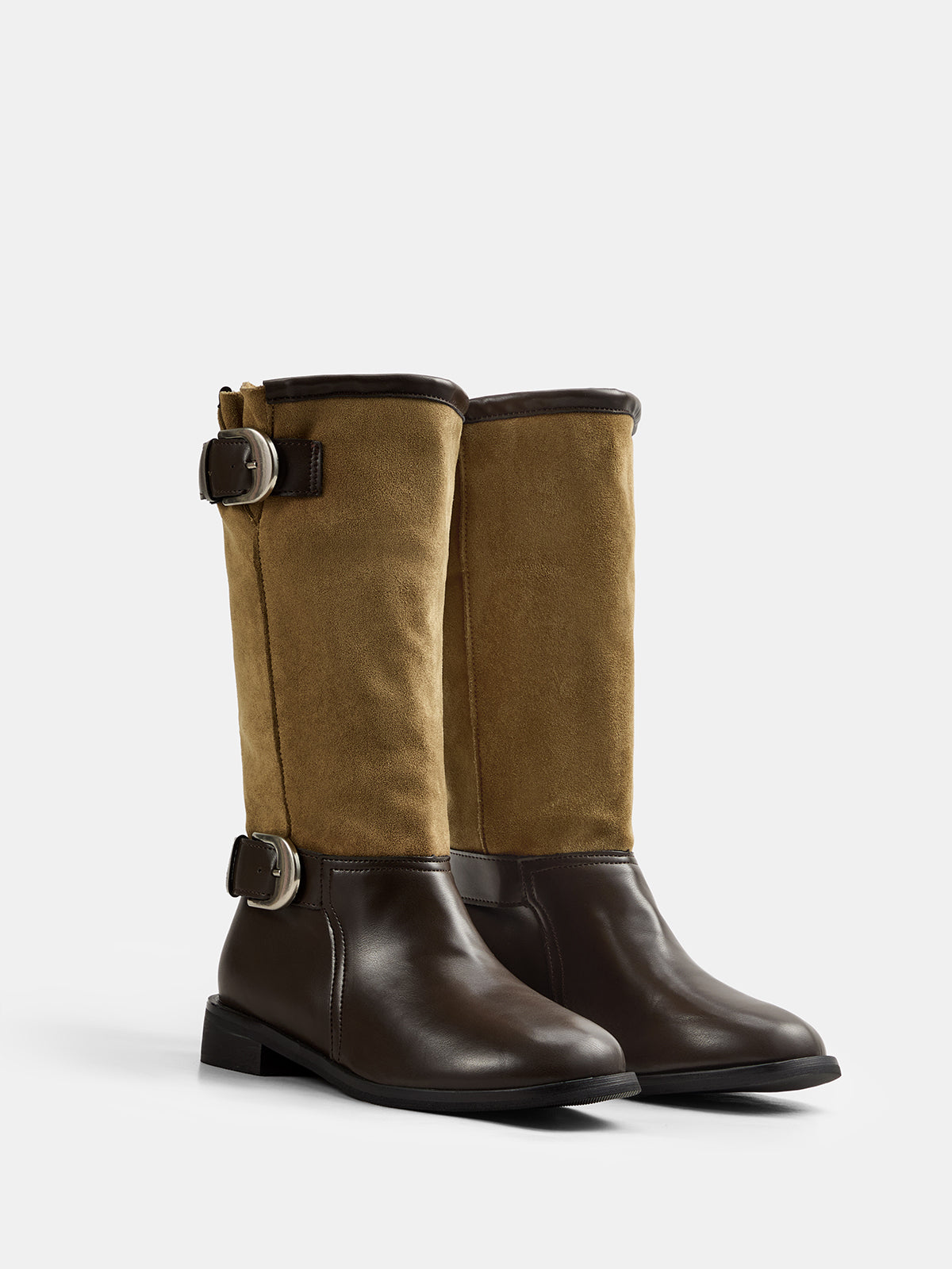 Faux‑Suede Panel Buckle Detail Mid‑Calf Boots