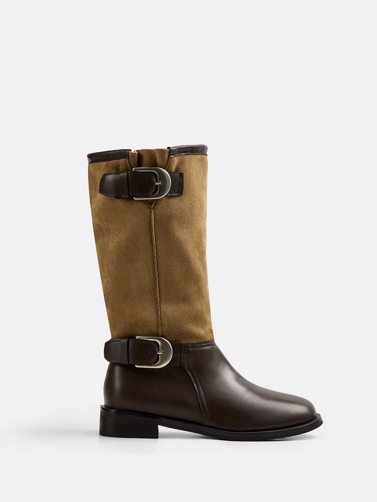Faux‑Suede Panel Buckle Detail Mid‑Calf Boots