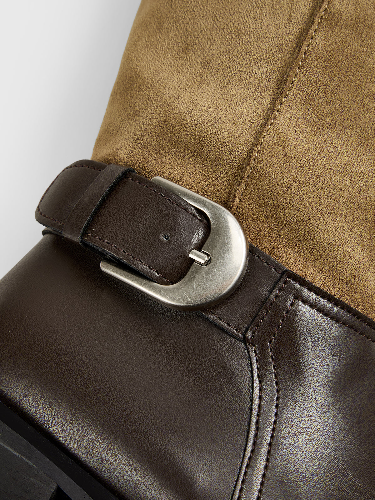 Faux‑Suede Panel Buckle Detail Mid‑Calf Boots