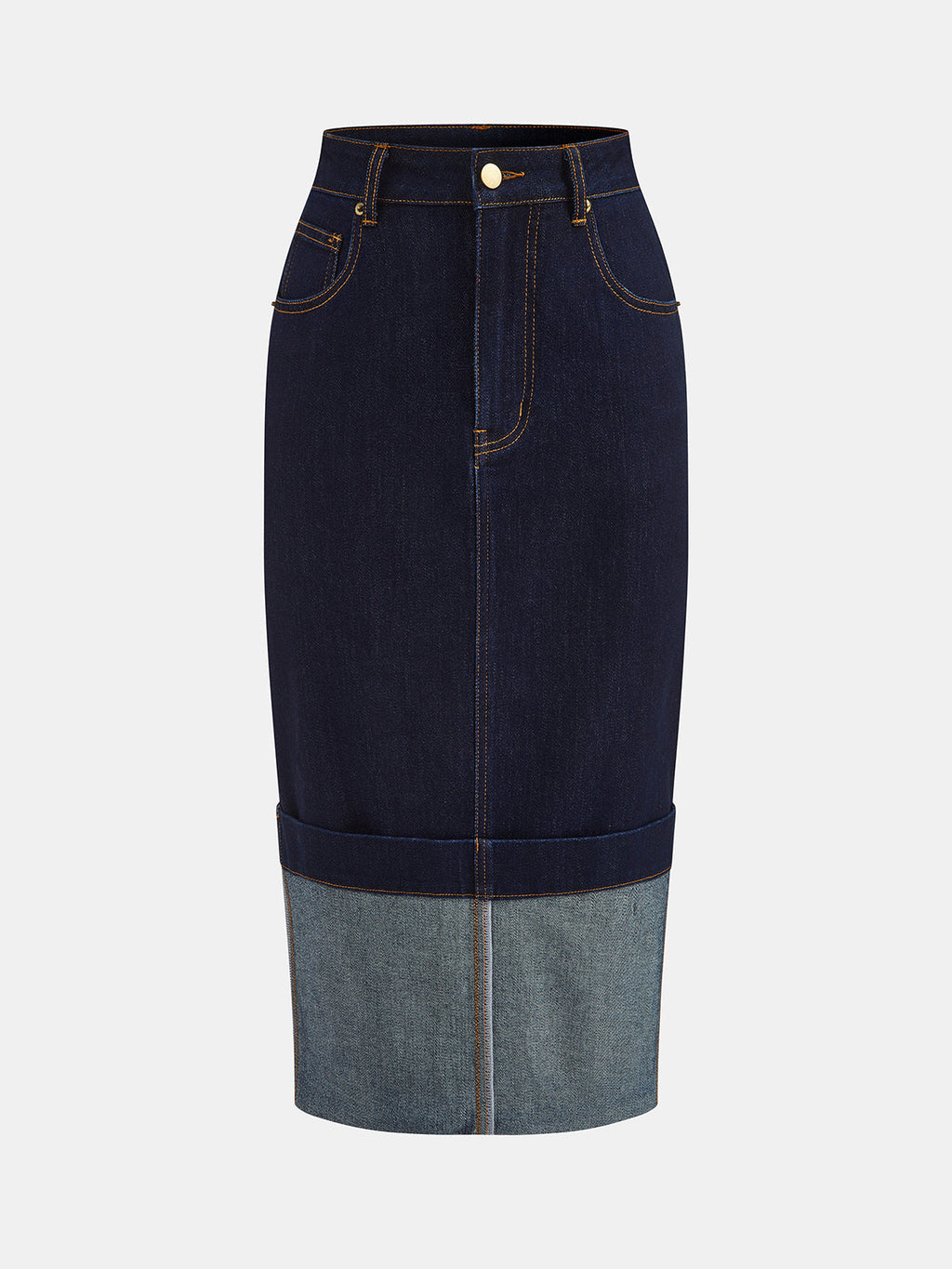Two‑Tone Cuffed Denim Midi Pencil Skirt