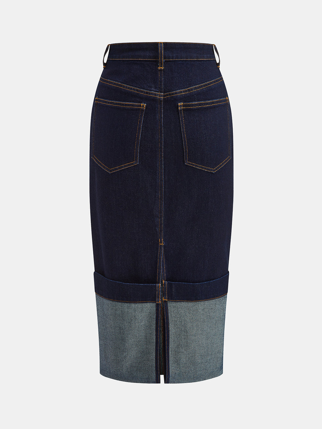 Two‑Tone Cuffed Denim Midi Pencil Skirt