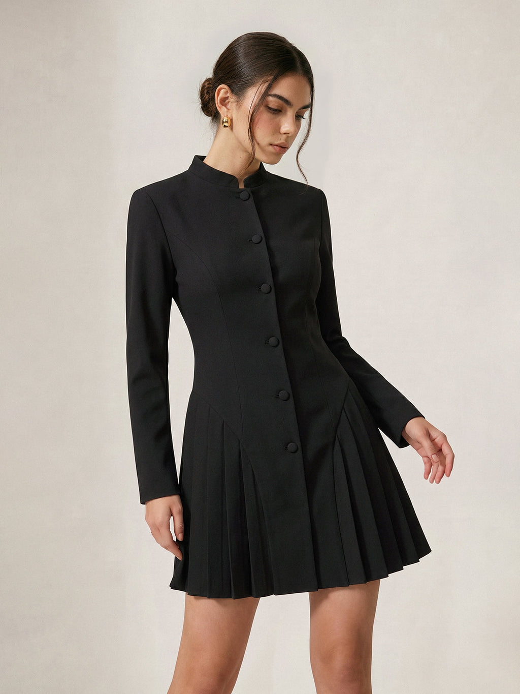 Mandarin Collar Button‑Front Pleated Mini Dress