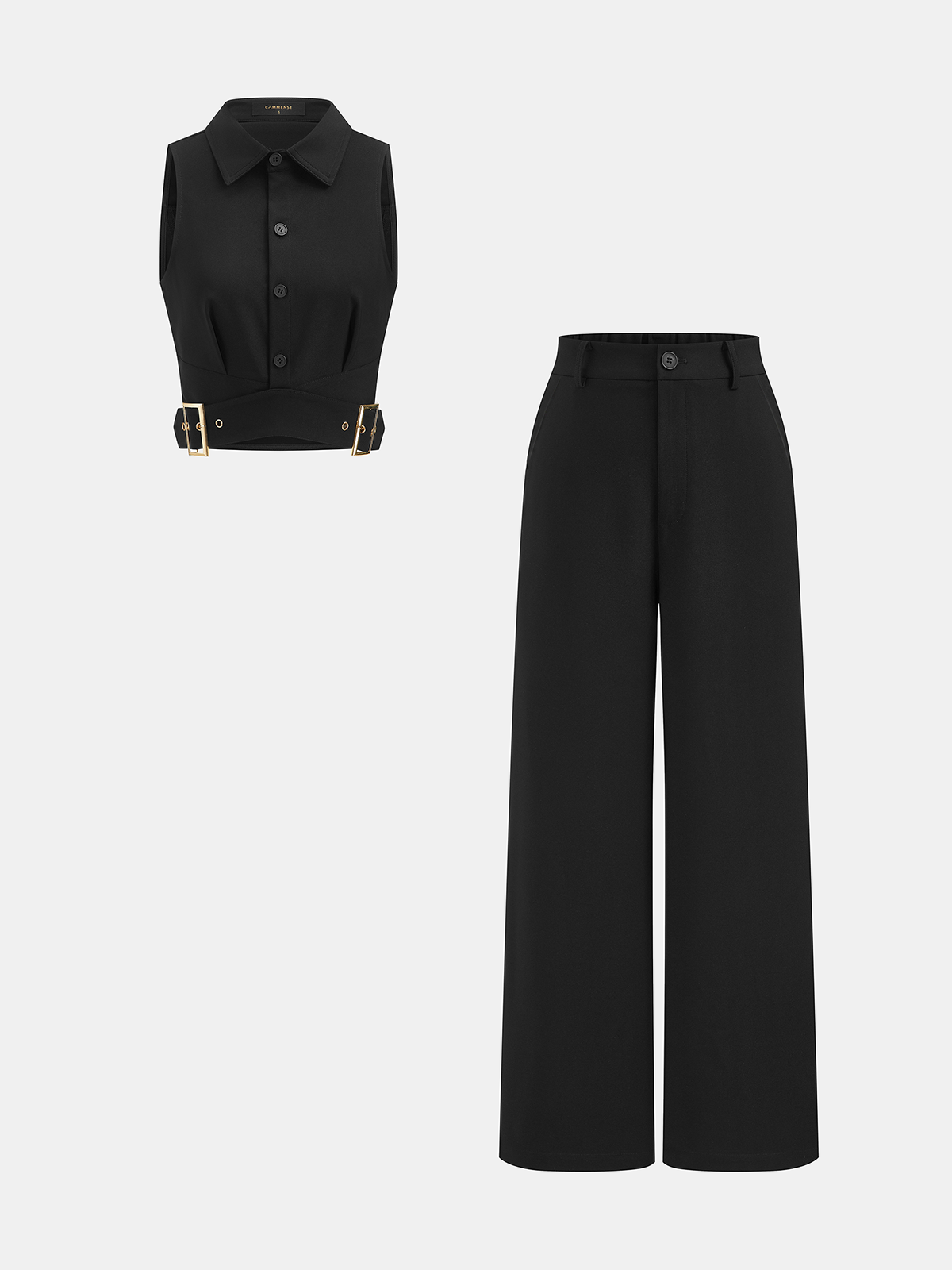 Collared Buckle Detail Vest & Pants Set
