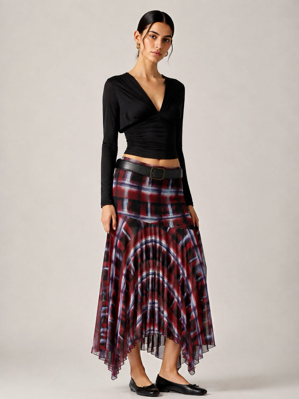 Plaid Mesh Asymmetrical Midi Skirt