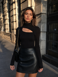 Asymmetric Cut Out Turtleneck Long Sleeve Slinky Top